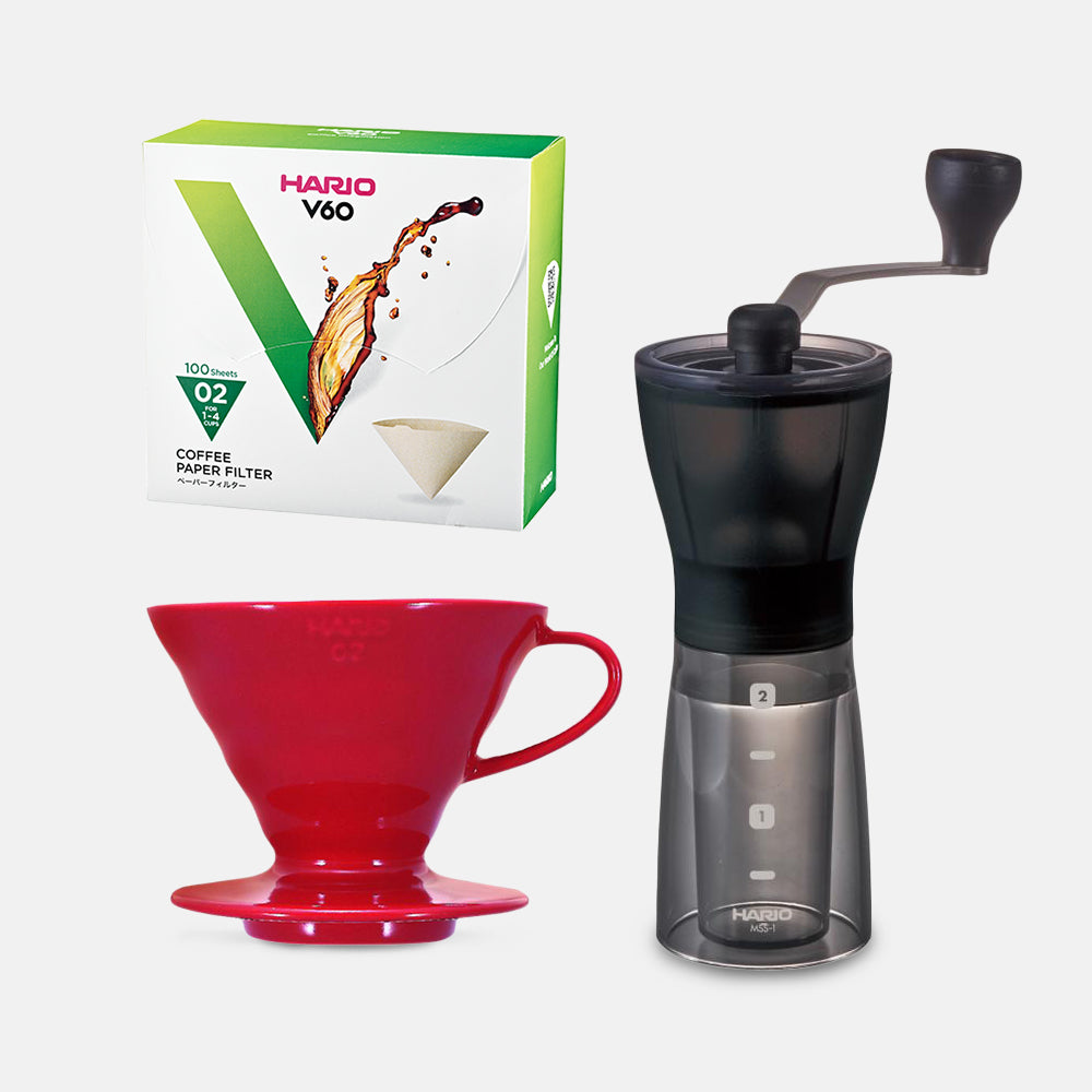Hario Mini Mill Plus V60 Ceramic Starter Kit Size 02 (Red) — Hario UK